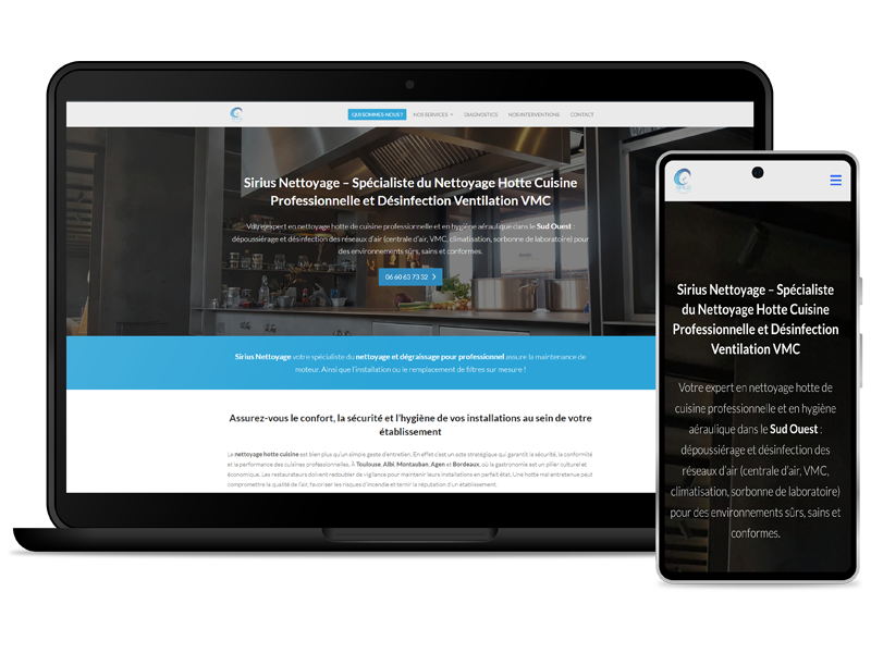 site internet entreprise Toulouse — Sirius Nettoyage hotte cuisine VMC Sud-Ouest