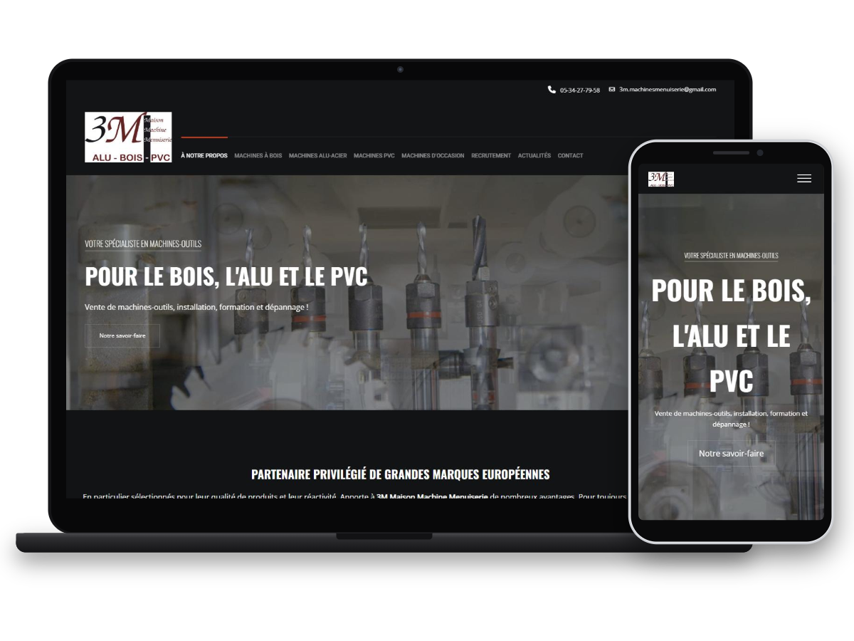 Création site catalogue machines-outils – ordinateur et mobile Site 3M Maison Machine Menuiserie sur ordinateur et mobile, créé par CeliComm