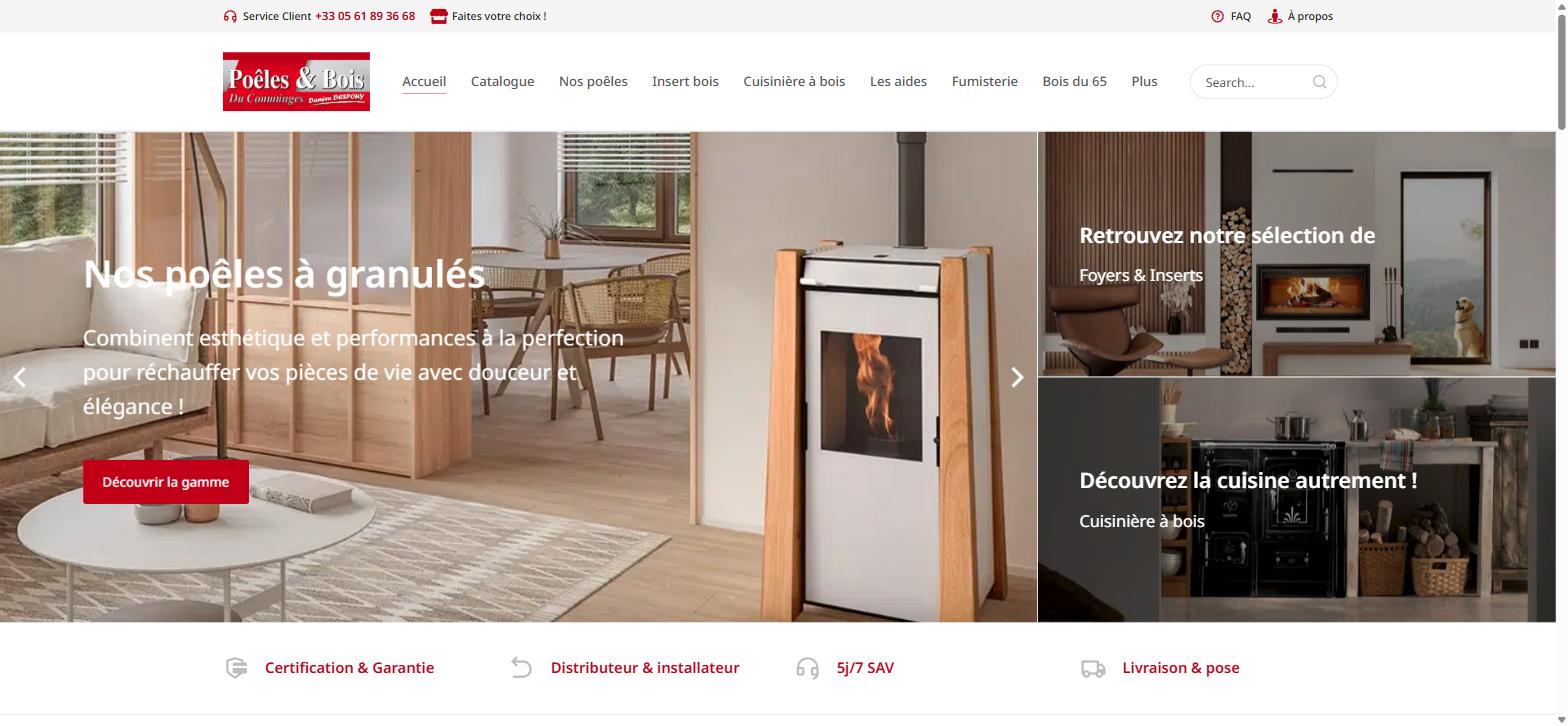 Page d'accueil du site catalogue Poêles et Bois du Comminges créé par CeliComm